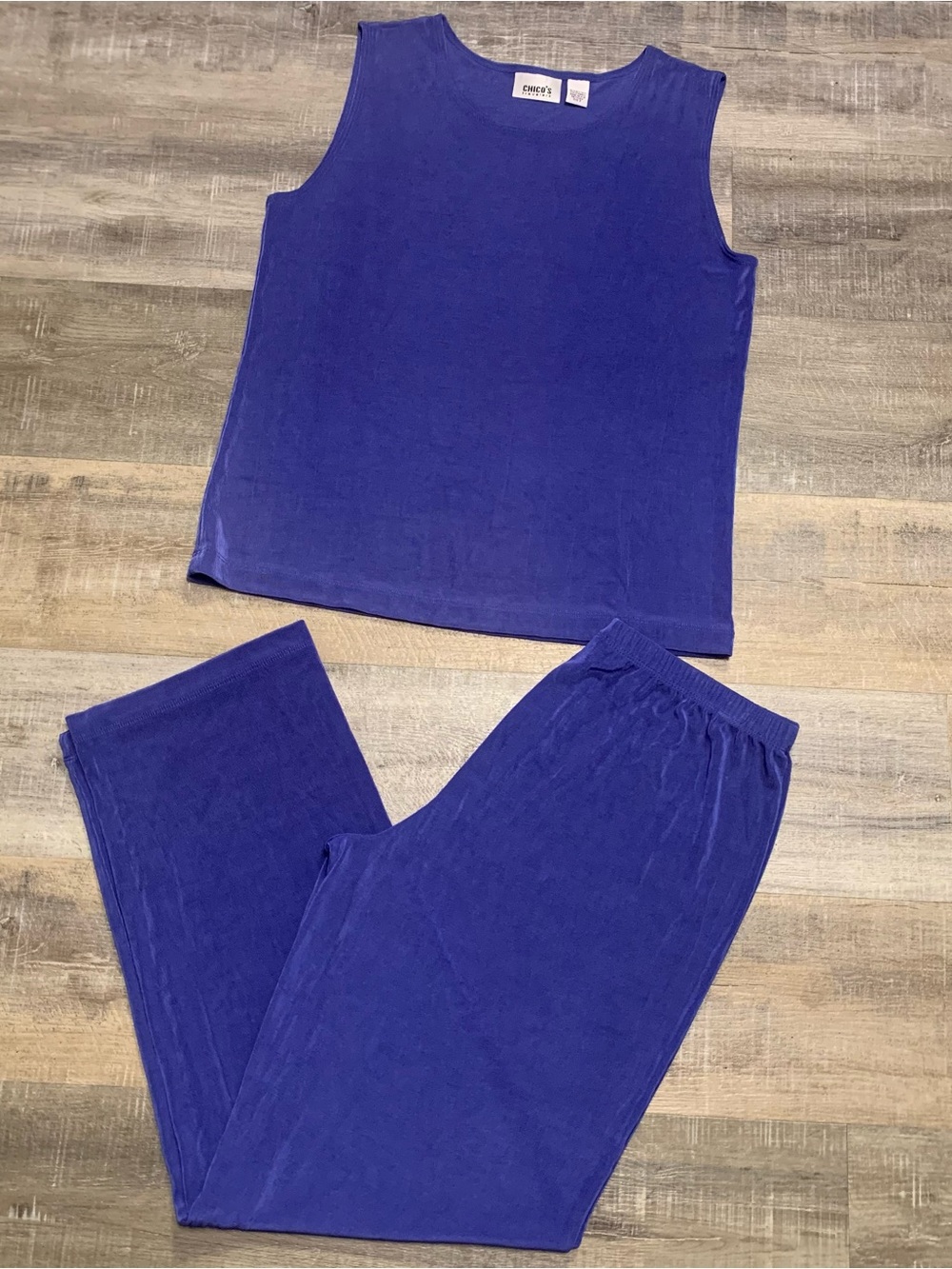 Chicos Travelers Slinky Knit Blue 2 Piece Outfit Top Pants Set Size 2 Large 12
